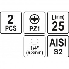 Biti de 25 mm 1/4" cu cap Pozidriv PZ1 Yato..